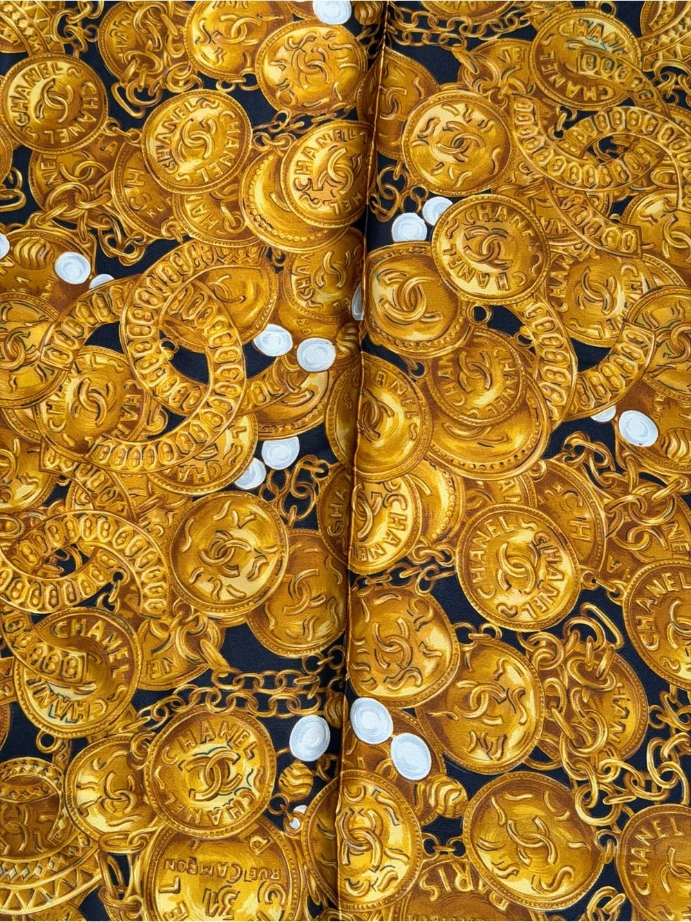 Chanel Navy & Gold Coin Print Silk Scarf